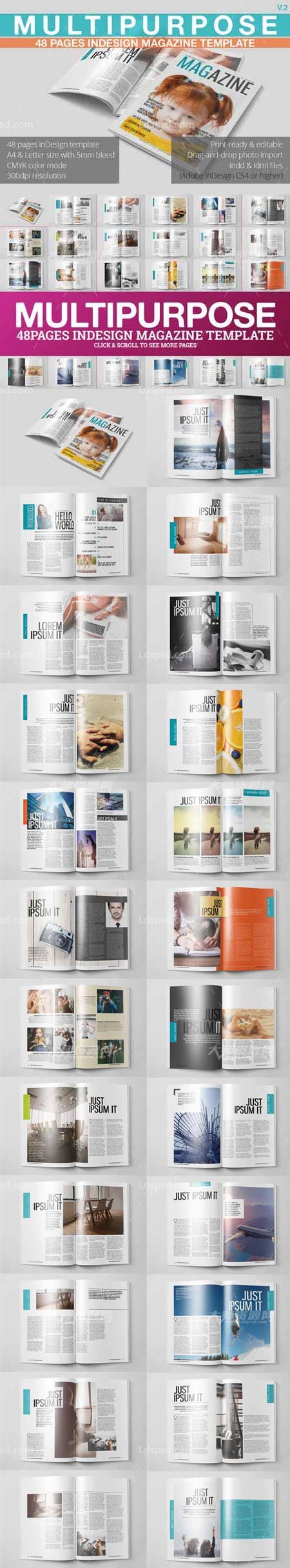Multipurpose Magazine Template,indesign模板－商业杂志(48页/通用型)